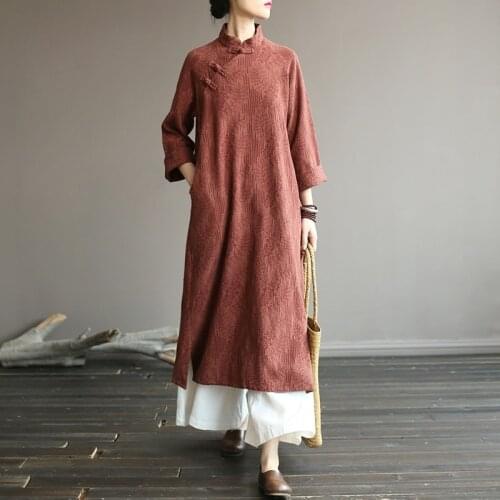 Retro Chinese Style Oblique Button Cotton Linen Dress Vintage Autumn Plus Size Long Dresses Loose Clothes Robe Vestido 12042