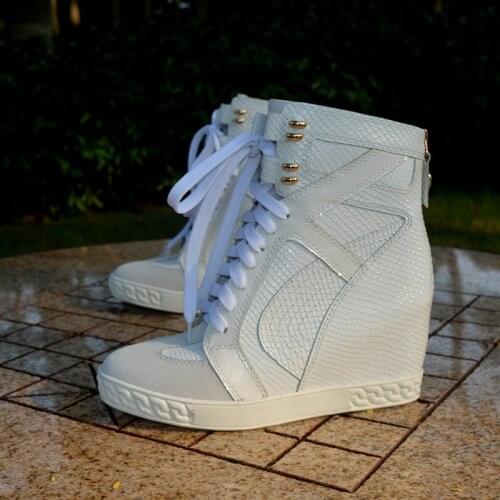 INS hot lady high top 8CM inner heel lace up sneakers white snake leather high top lace up woman sneakers real photos