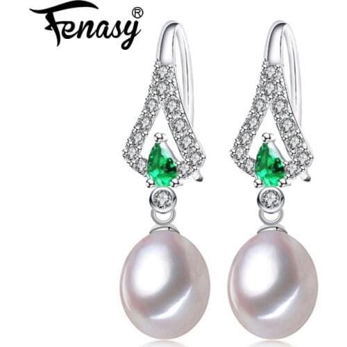 FENASY Emerald Freshwat Drop Pearl S925 Sterling Silver Long Earrings Bohemian CZ Green Crystal Earrings For Women Idea Gift