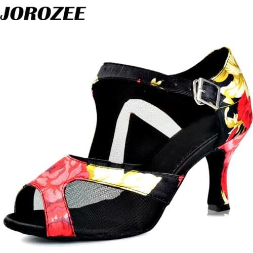 JOROZEE Latin Dance Shoes Womens Flower Satin Salsa Square Ballroom Dancing Shoes Cuba Heel 7.5cm Soft Outsole