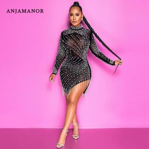 ANJAMANOR Sexy Tassel Rhinestone Mesh Long Sleeve Bodycon Dress Birthday Date Dresses for Women 2021 Party Club Outfits D42-GC31