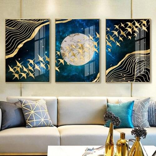 Abstract Moon Wall Art Canvas Painting Golden Mountain Birds Nordic Posters and Prints Wall Pictures for Living Room Home Decor
