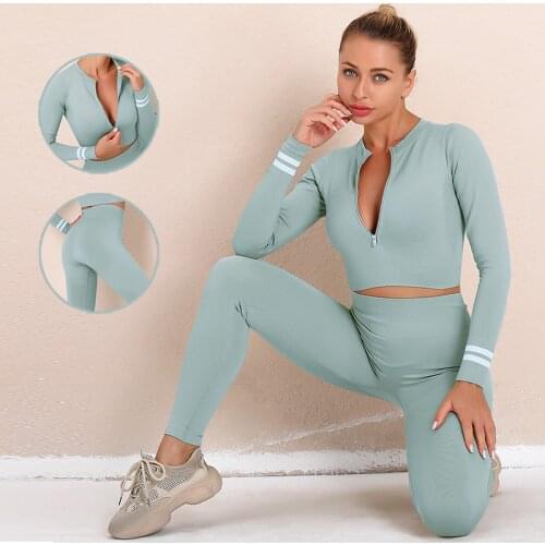 Seamless women yoga suit sportswear female fitness gym long-sleeved zipper jacket high waist leggings training suit 2-piece set