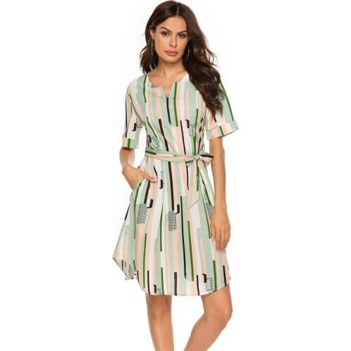 Striped Mid Dress Short Sleeve V-Neck Women Dress Fashion Belt Summer Casual Dress Ladies Dress Vestidos 2021 New