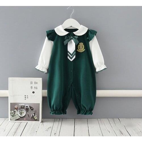 British Style Baby Cotton Clothes Spring and Autumn Long-Sleeved Casual Green Single-Breasted College Style Tie Jumpsuit