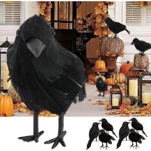Simulation Black Crow Animal Model Happy Halloween Crow Props Black Bird Realistic Raven Feathered Spooky Party Home Decoration
