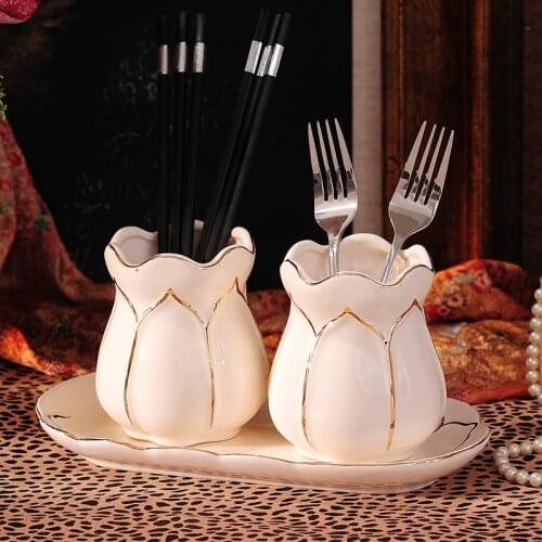 Ceramic Lotus Chopsticks Canister Decorative Porcelain Flatware Holder Dining Table Daily Use Dinnerware Utensil Accessories