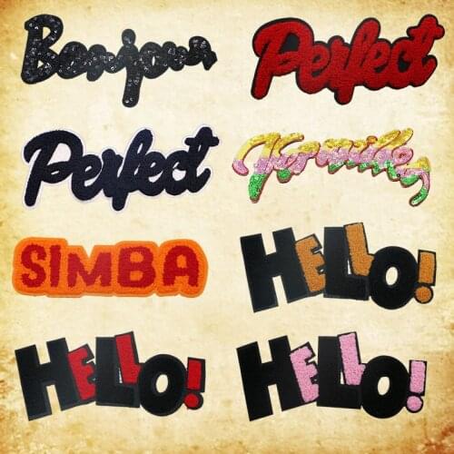 Colorful Hello slogan Sequin chenille towel embroidery letter 3D letter ironing patch clothing badge DIY