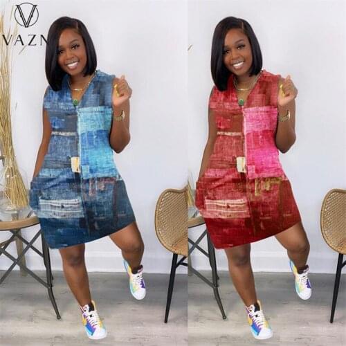 VAZN 2021 Sexy Clear Loose Patchwork A-line Summer Sleeveless Summer Mini Dresses Clothing Sexy Shinny Young Lady Dress