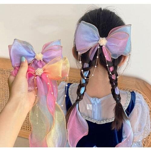New Girls Cute Chiffon Bow Pearl Rhinestones Chain Ribbon Hairpins Sweet Hair Decorate Clips Headband Fashion Hair Accessories