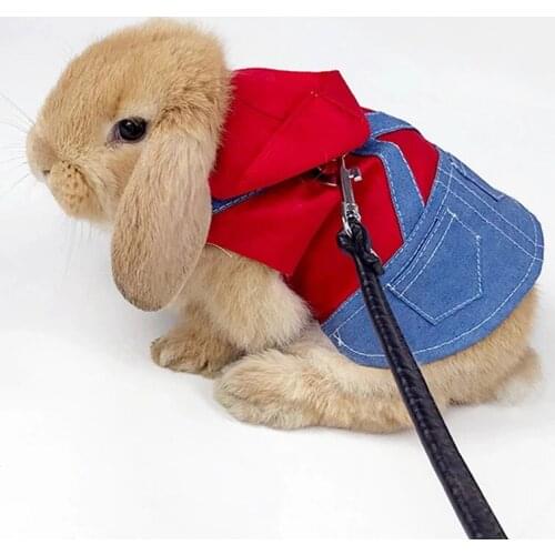 Pet Rabbit Clothes Denim Jacket Coat Small Animal Harness Leash Vest Bag Hat Set for Ferret Bunny Hamster Small Pet Supplies
