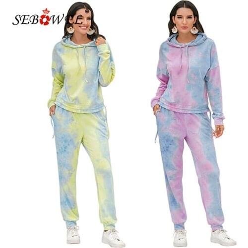SEBOWEL Autumn Winter Drawstring Hooded Long Sleeve Tie-dye Print Tracksuit Women Casual Sports Suit Sweatshirt Pants Outfits