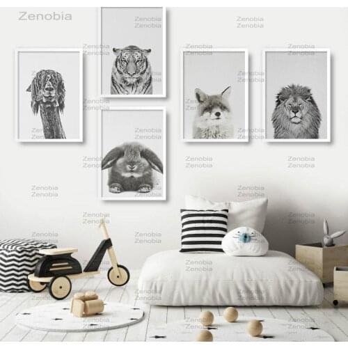 Black White Animal Poster Panda Lion Fox Alpaca Bear Canvas Painting Nursery Wall Art Nordic Baby Picture Kid Room Decor