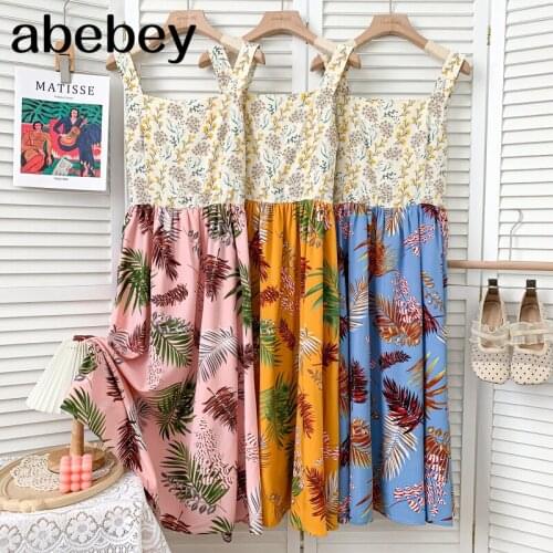 Fashion Square collar sleeveless Dress hit color print patchwork high waist pleated mid-length strap Dress 2021 New Summer