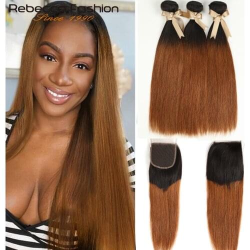 Rebecca Ombre Bundles With Closure Two Tone 1B/99J 1B/27 1B/30 Colors Brazilian Straight Hair 3 Bundles With Closure