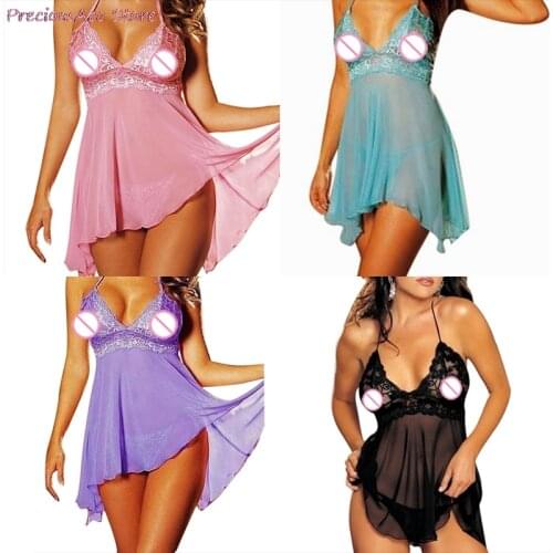 Sexy Women Black Lace Baby Dolls Nightdress With Lingerie Babydoll Set Sleepwear Blue/Purple/Pink