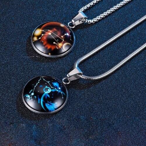 Luminous mens pendants twelve constellations Crystal luminous necklace tide lovers pendant titanium steel jewelry