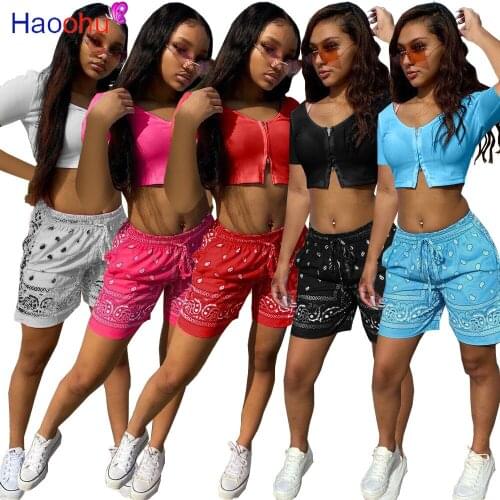 HAOOHU 2021 Streetwear Sporting Two Piece Set Tracksuit for Women Crop Top and Paisley Bandanna Print Short Sweatsuit