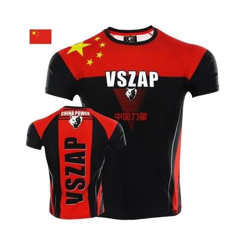 VSZAP Muay thai Red T Shirt Sports Running Mens Gym Fitness MMA Training Shirts Dry Fit Sportswear Boxing bjj Quick Dry