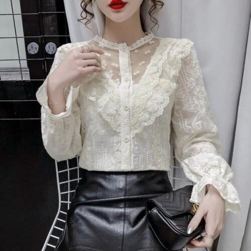 Blouse Women 2021 Spring Long-Sleeved Lace Shirt Womens Shirt Top Blusas Mujer De Moda