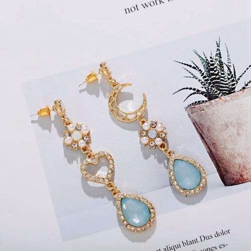 Sweet Moon Heart Shape Korean Earrings Fashion Women Irregular Pearl Blue Crystal Earrings Wedding Party Earrings