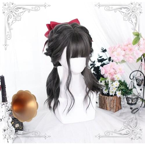 Grey Black Lolita Wig Women Harajuku Gray 40cm Long Curly Wavy Hair Cute Bangs Adult Chic Girls Cosplay Daily Wear