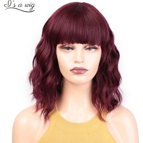 Is a wig Short Red Water Wave Bob Wigs Synthetic Wigs with Bangs for Women Black Brown Pink Cosplay Wigs Heat Resistant Hair
