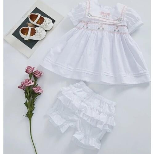 2Pcs Baby Girl Smocked Floral Dress For Infant Toddler Hand Embroidery Smocked Boutique Dress Children Spanish Clothes