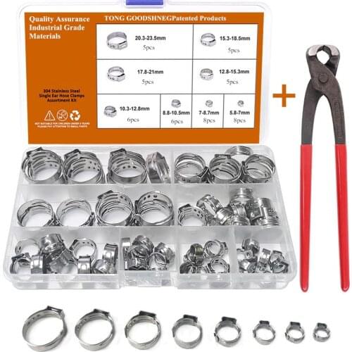 304 Stainless Steel Single Ear Stepless Hose Clamps with Pincer 5.8-23.5mm Cinch Clamp Rings Assortment Kit 1/4" - 15/16"