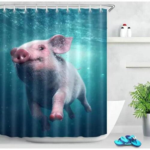 3D Blue Sea Diving Cute Pig Shower Curtain Set Funny Animal Print Polyester Fabric Waterproof Decor Bathroom Curtains With Hooks