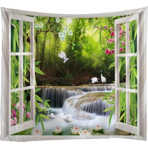 3D window beautiful scenery tapestry wall hanging green bamboo forest waterfall tapestry gng cloth bedroom living room dormitory
