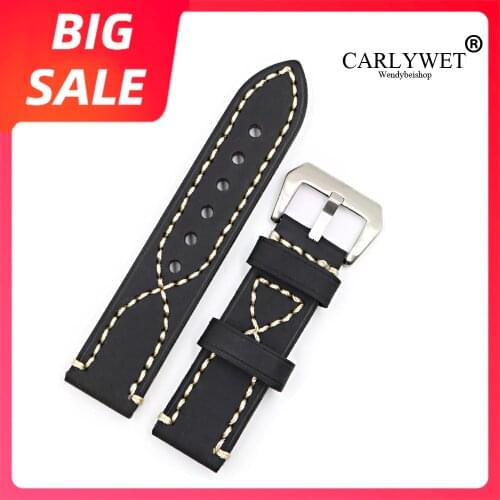 CARLYWET 20 22 24 26mm Top Black Real Leather Watch Band For Zenith Omega Montblanc Panerai Daytona Submariner Tissot Tag Heuer