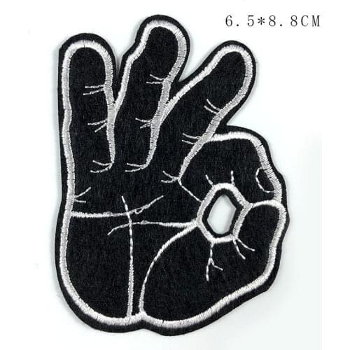 Black Embroidery Gesture OK Finger Patches for Clothing Sewing Shoe Bag Boys Badges Iron-on Coat Patches DIY Coat Bags Decor