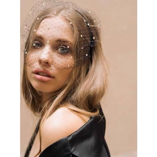 Black Headband Veils for Bridal Crystal Beaded Birdcage Face Net Mask Hair Accessorie Veil Charming for Wedding Fascinator