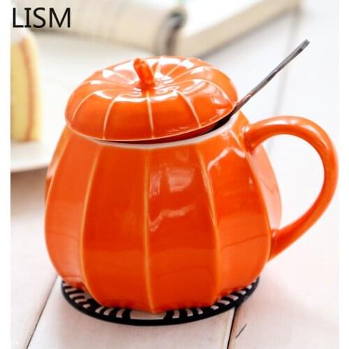 Halloween Pumpkin Coffee Mug with Lid Spoon Ceramic Cup Tea Milk Cute Children Personalized Water Bottle Tazas De Cafe Mugs