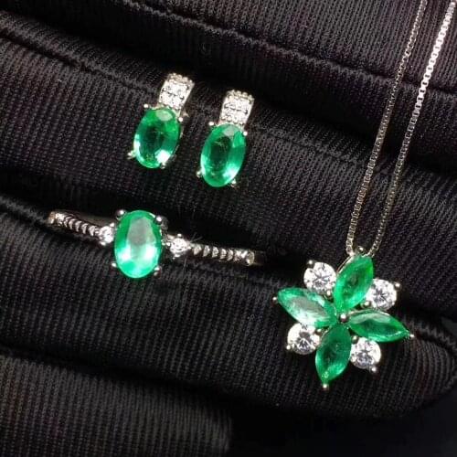 Emerald jewelry set Natural and Real Emerald 925 sterling silver 1pc pendant,1pc ring ,2pcs Earring