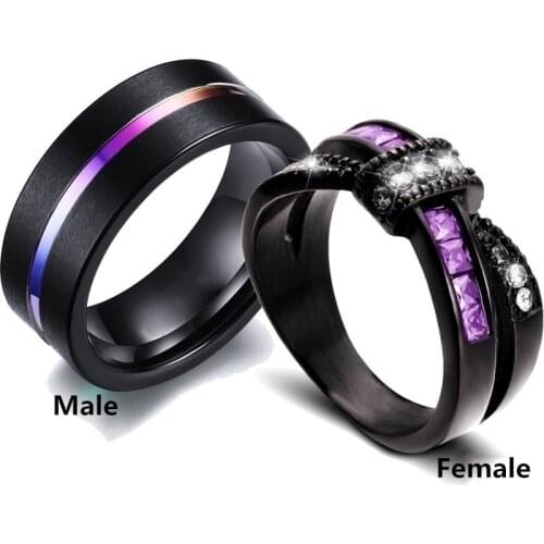 Fashion Couple Rings Trendy Rainbow Tungsten Carbide Mens Ring Cute Bow Purple Rhinestones Zircon Rings Set Wedding Ring Gift