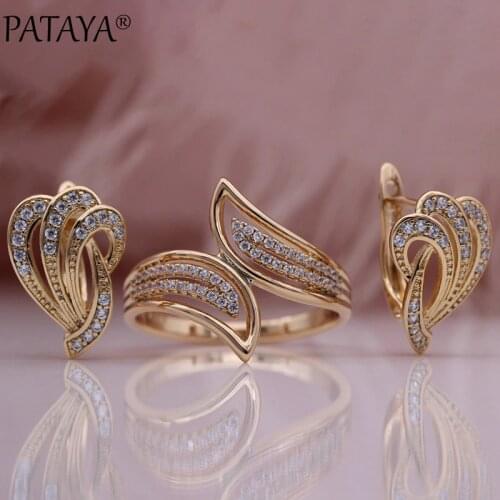 PATAYA New Luxury Natural Zircon Drop Earrings Ring Sets Women Hyperbole Wedding Fashion Jewelry 585 Rose Gold Hollow Sector Set