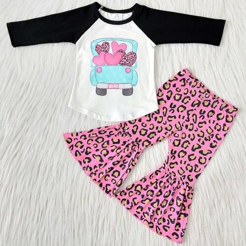 Fashion spring baby girl clothes sets hot girls boutique bell bottom outfits Valentines day kid designer clothes girl outfit
