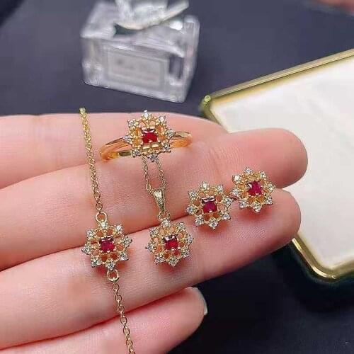 Natural Ruby Gem S925 Sterling Silver Set Ring Earrings Pendant Necklace Bracelet Fine Fashion Charm Jewelry for Women MeiBaPJFS