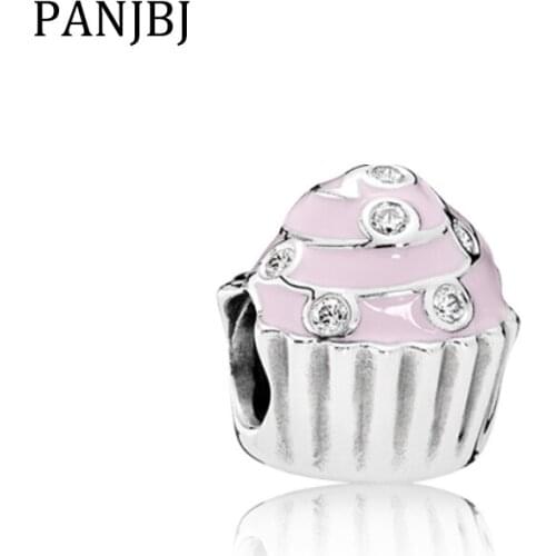 New Original Free Shipping Silver Plated Bead Alloy Pink Cake Charm Clear CZ Fit Bracelet Necklace DIY Women Jewelry
