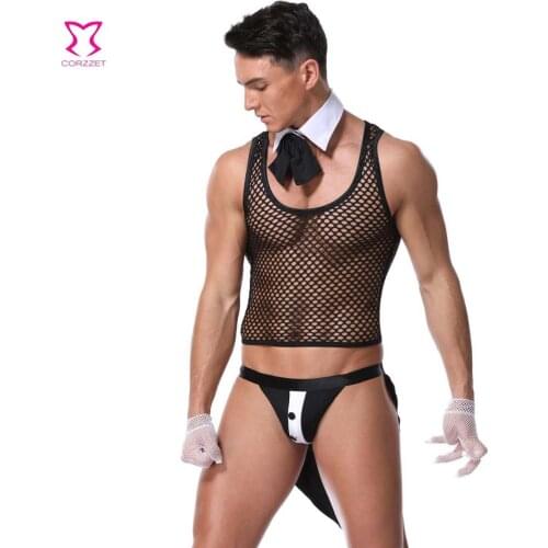 New Mens Sexy Underwear Suits Club Clothing Male Servant Outfit Hollow Top and Tuxedo Panties Suits Stage Costumes For Men