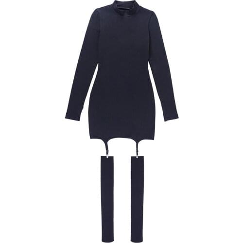 Sexy Dress Women Long Sleeve Suspender Buckle Club Mini Bodycon Dress with Stockings Dresses Women sukienka