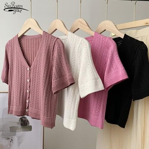 Spring Summer V-neck Ice Silk Thin Knit Short-sleeved Cardigan Womens Outer Short Coat Casual Sweet Office Lady Blouses 15035