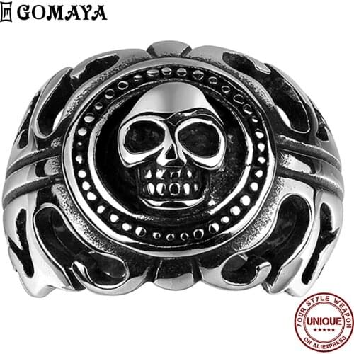 GOMAYA Stainless Steel Rings For Men And Women Cool Hollow Out Art Skull Fashion Punk Neo-Gothic Vintage Ring Party Fine Jewelry