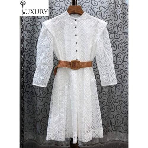Quality New 2020 High Summer Fashion Ladies Geometric Patterns Color Block Belt Deco Casual White Long Shirt Dress Chic