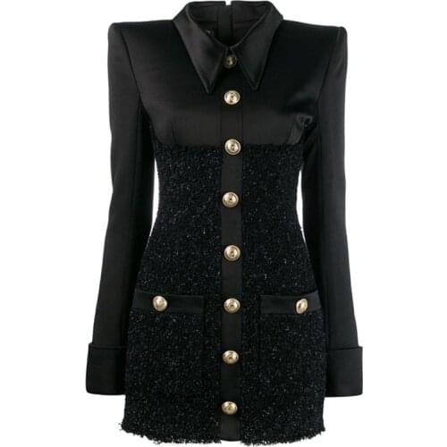 High Quality Autumn Winter Long Sleeve Dress Black White Gold Button Satin Woolen Splicing Office Ladies Women Dress Clothes