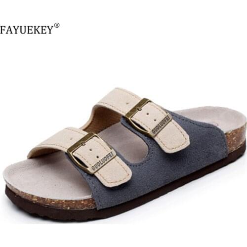 High Quality Unisex 35-46 Summer Mens Cow Suede Leather Mule Clogs Slippers Soft Cork Two Buckle Slides Footwear For Men Women