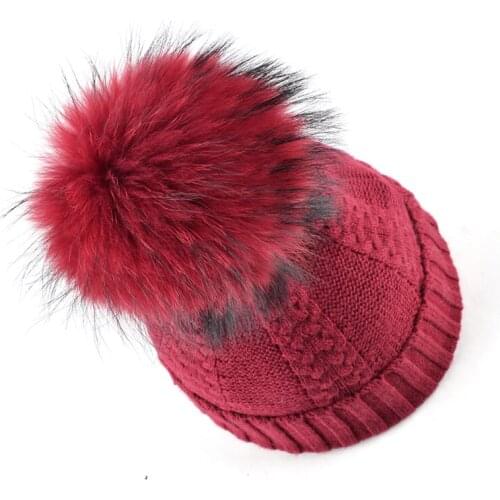 High quality winter beanies fur hats for women knitted wool hat 100%real Raccoon fur ball Solid color cap for casual womens hat