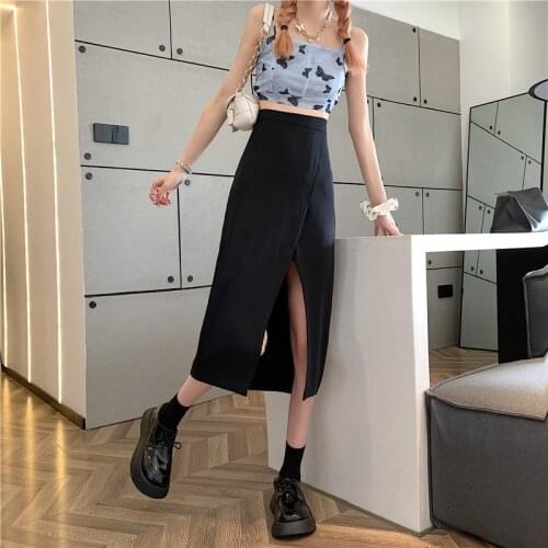 Skirt French Slit Black Skirt Female Summer New Style Korean Style High Waist Thin A-line Mid-length Skirt